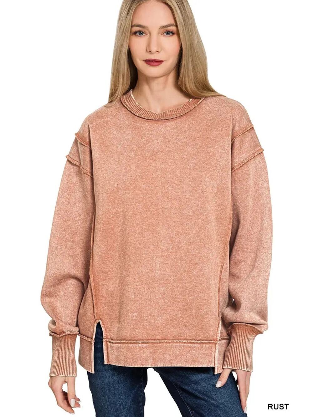 NWT Zenana Rust Washed Slit Fleece Crewneck Soft Sweatshirt Women’s Medium